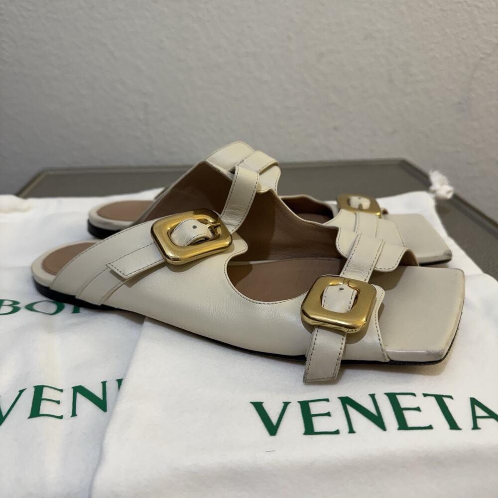Bottega Veneta Stretch Smooth Leather Gold Buckle Slides Mule Sandals Ivory 37